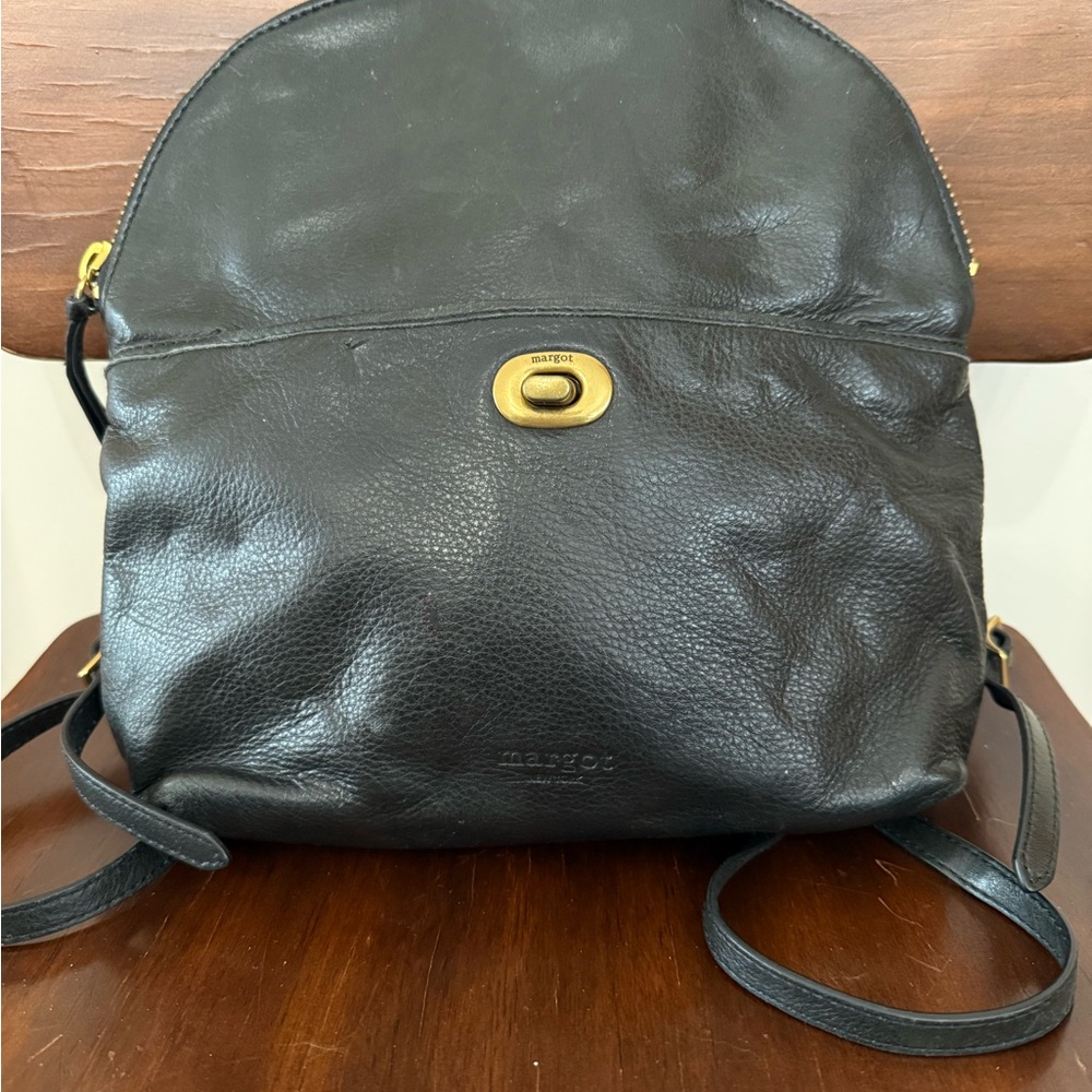 Margot Black Leather Backpack with Gold Accents